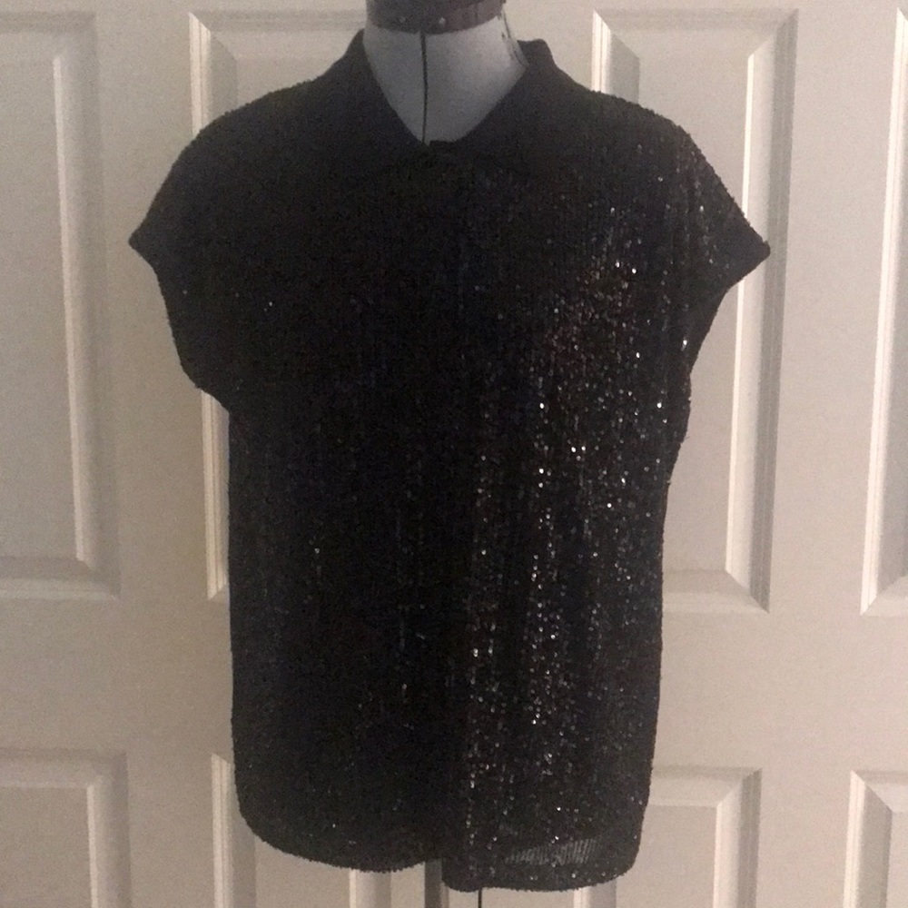 Calvin Klein Black Sequin Knit Collar Top L